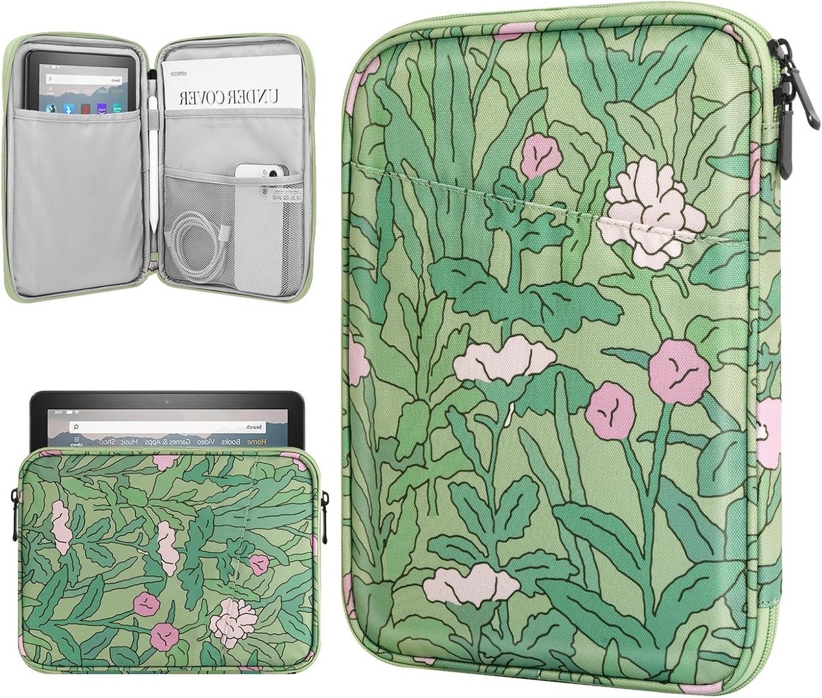 Tablet Sleeve Case voor iPad Mini 7 (A17 Pro, 2024), Mini 6 (8.3-Inch, 2021), Beschermende Tas met Groen Bloem Design, Draagbare en Slanke Bescherming voor Tablets