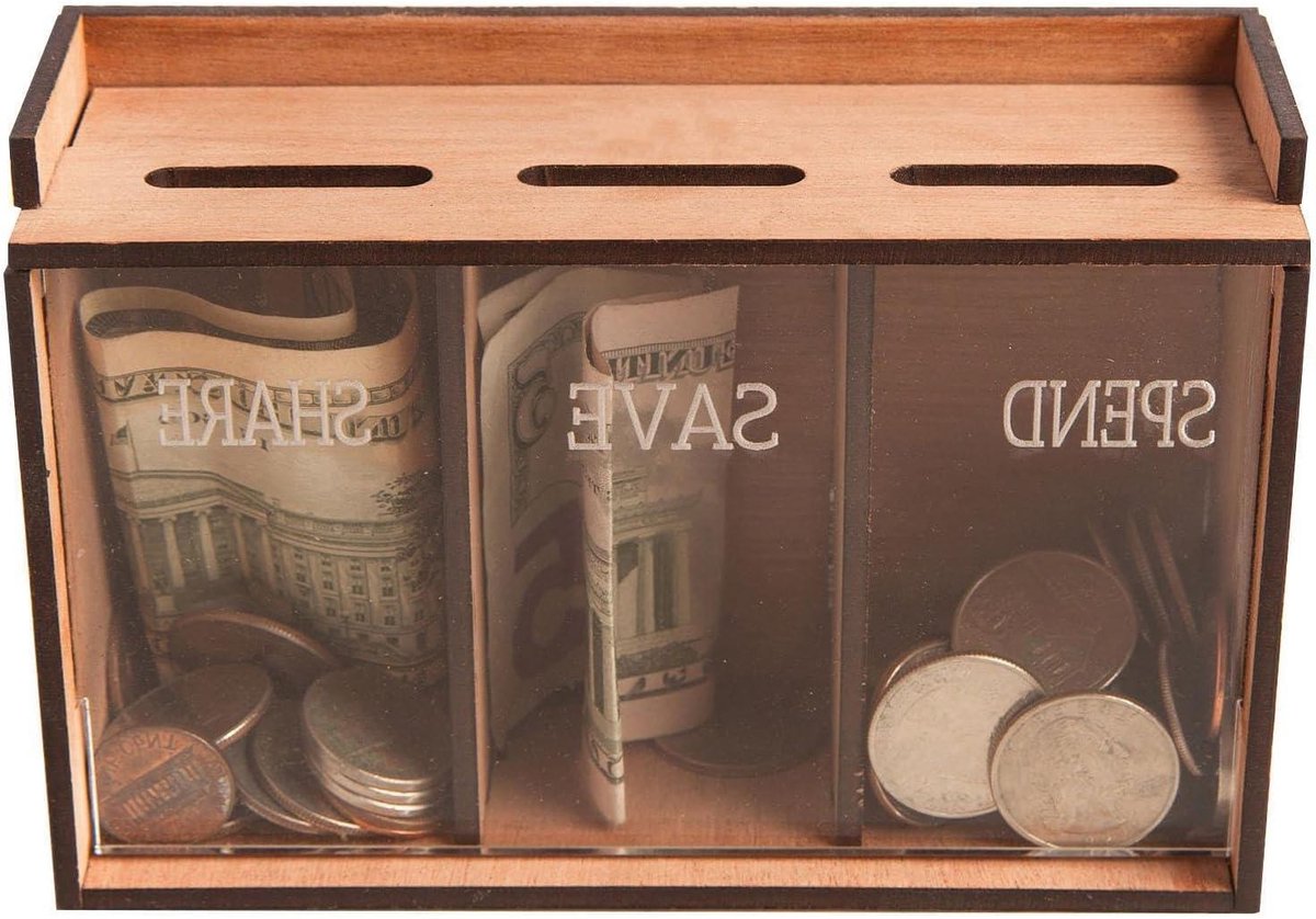Spaarbox - Geldkistje - Geld Sparen - Drie Compartimenten - 19x14x10 cm - Houtkleur