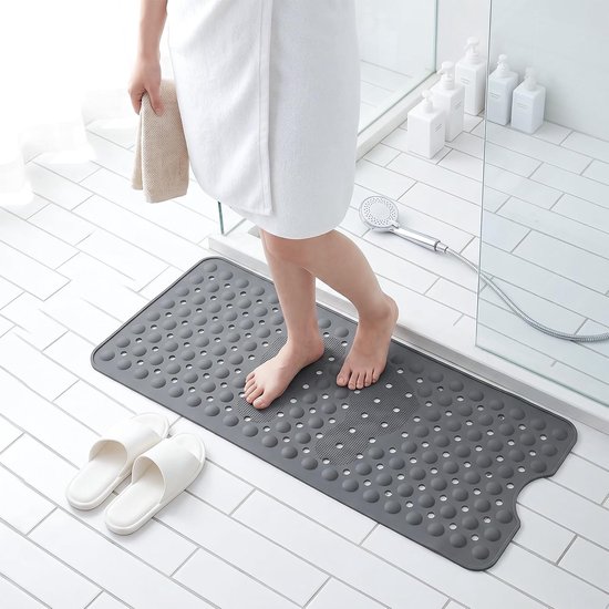 Siliconen badmat - Antislipmat douche - Veilig douchen - Met massageknoppen - 92 x 40 cm - Grijs — afbeelding 3