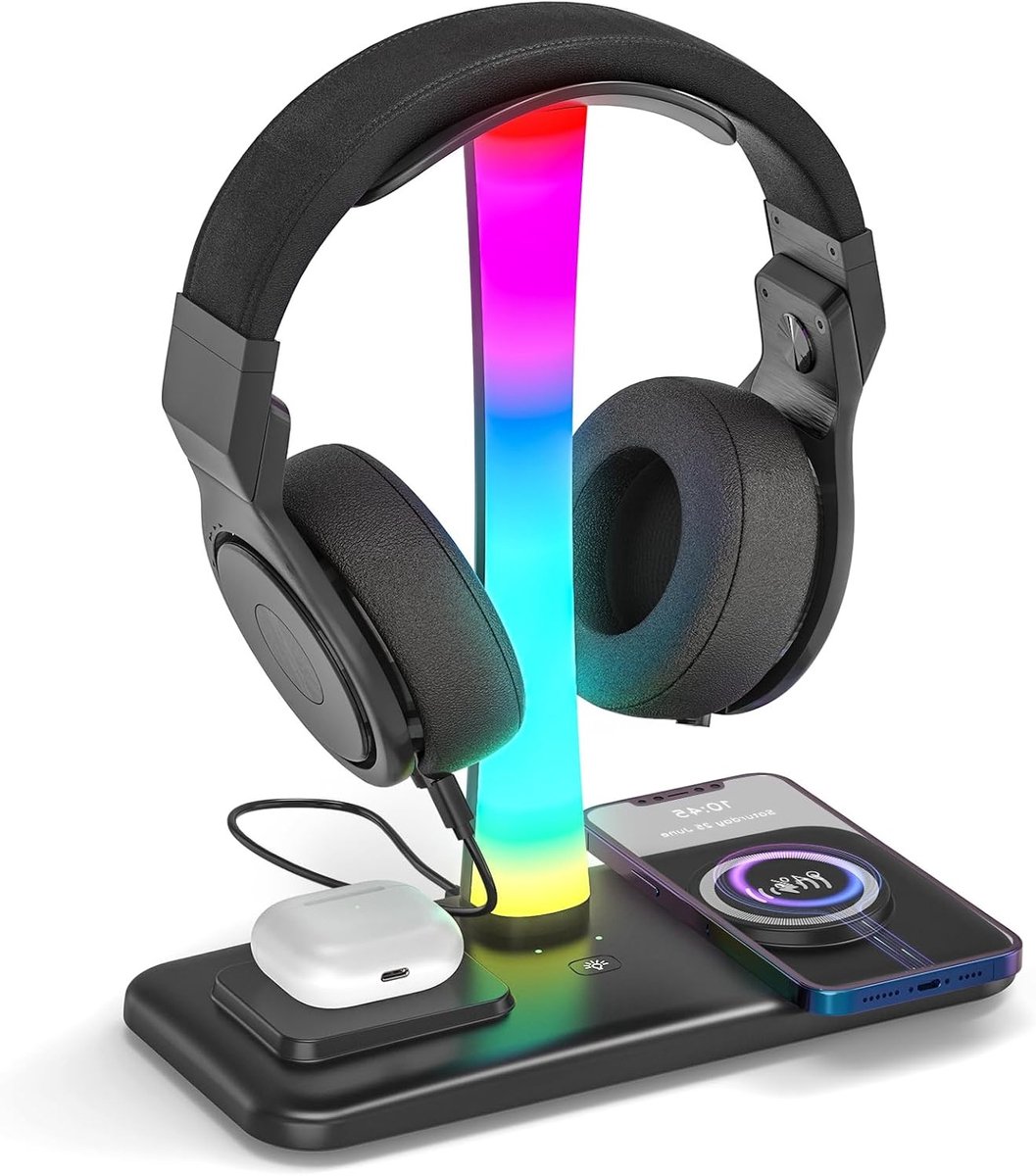 Hoofdtelefoonstandaard met Draadloze Oplader, RGB Verlichting, 1 USB en 2 Type C Poorten, Geschikt voor Smartphones en Draadloze Oordopjes