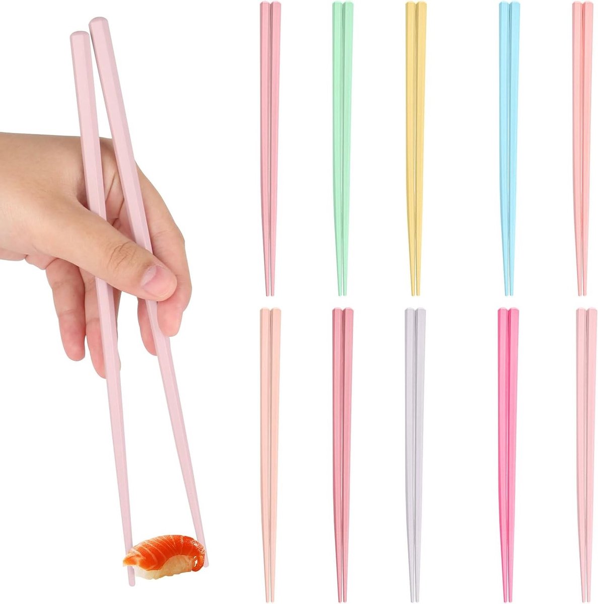Kleurrijke Herbruikbare Eetstokjes - 10 Paar, Vezelglas, Antislip, Vaatwasserbestendig - 23 cm Hexagonale Chinese Sticks voor Thuisgebruik en Restaurants