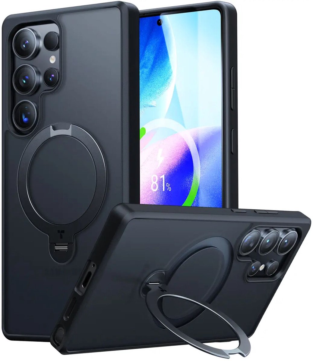 TORRAS UPro Ostand Spin Hoesje Geschikt voor Samsung Galaxy S25 Ultra - Compatibel met MagSafe / Qi2 - 360° Draaibare Magnetische Standaard - Back Cover Kickstand Ring - Zwart