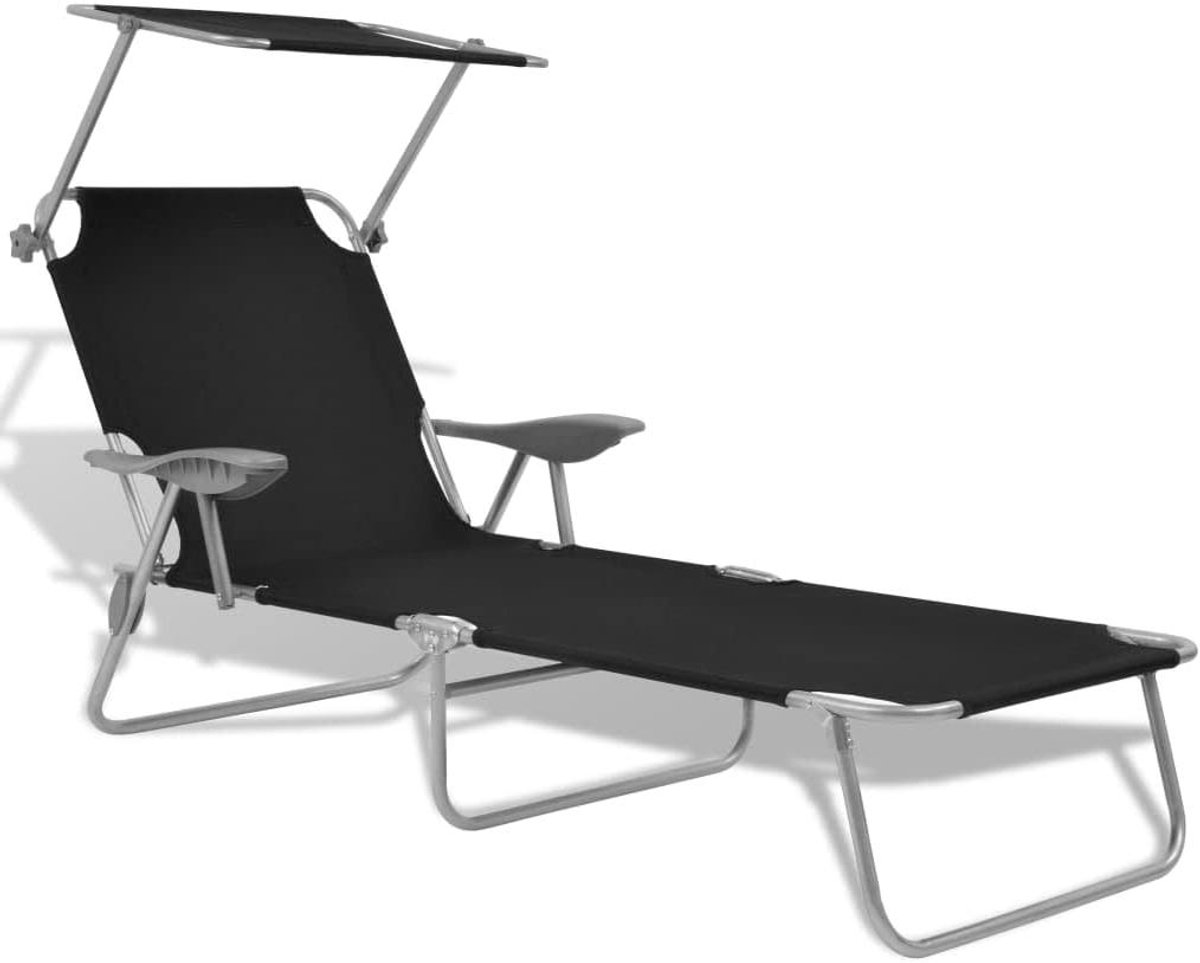 Opvouwbare Loungestoel - Ligstoel Zonnebank - Buiten Ontspannen - Verstelbare Luifel - 579 cm x 189 cm - Zwart