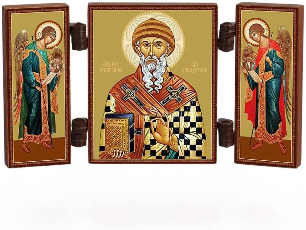 Houten Triptiek Icoon - Reisaltaar Houten Iconen - Spirituele Ceremonie - Draagbaar Handformaat - 9.5 x 5 cm - Goud