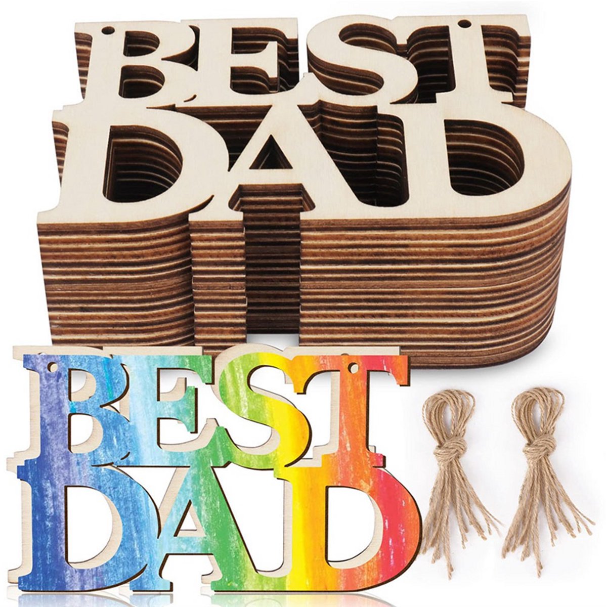 40 massief houten cadeaulabels met touwtje, perfect om je huis mee te versieren, met de tekst "Beste Papa" erop.