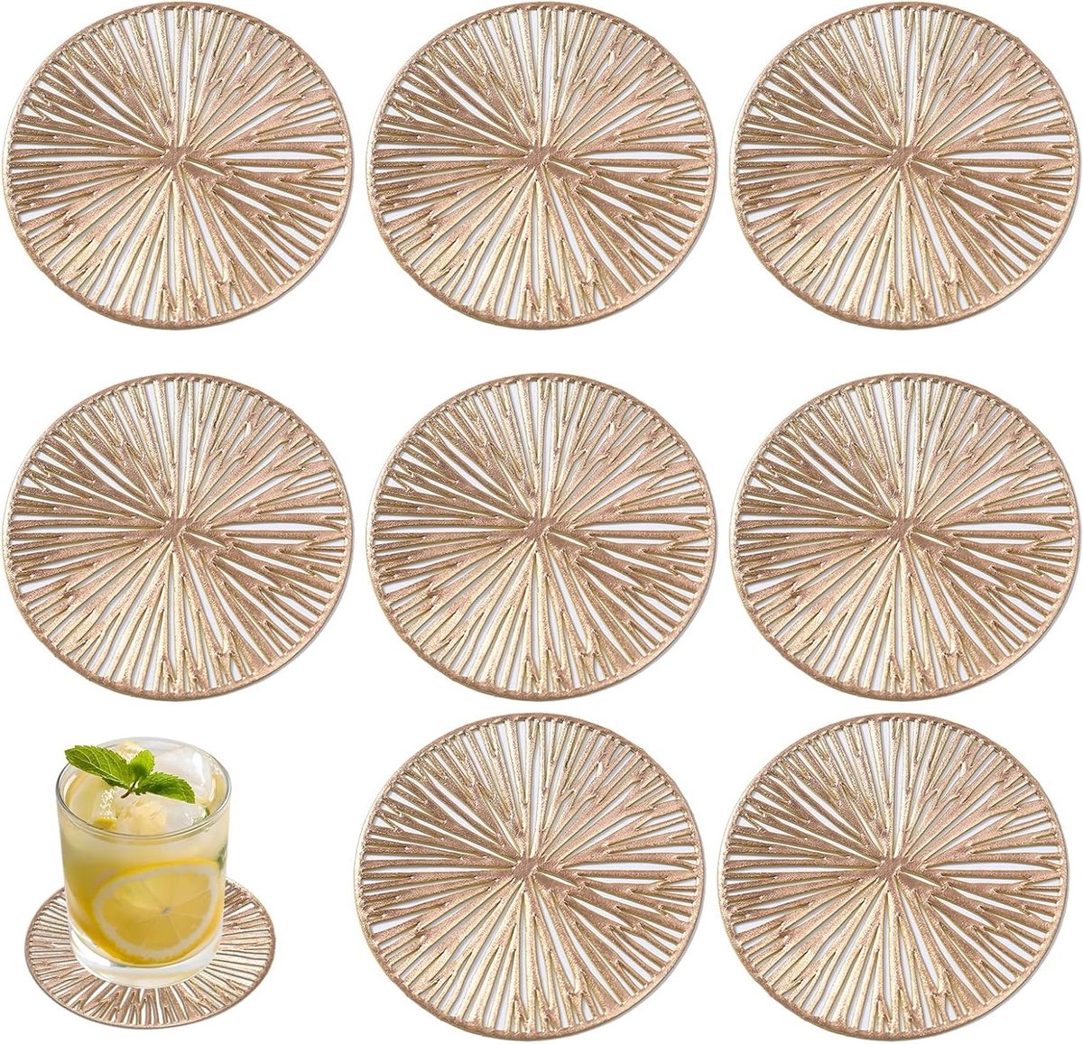 Set van 8 Herbruikbare Geometrische Onderzetters, Warmtebestendig voor Keuken, Woonkamer, Slaapkamer en Kantoor, Diameter 10 cm, Gouden Afwerking