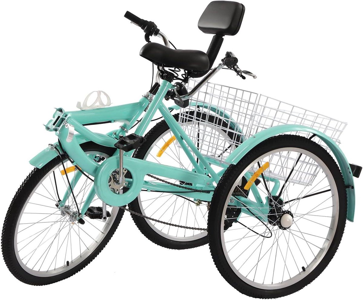24 inch driewieler voor volwassenen 7 versnellingen 3 wielen inklapbare fiets met mand en rugleuning cruiser driewieler voor volwassenen senioren Turquoise