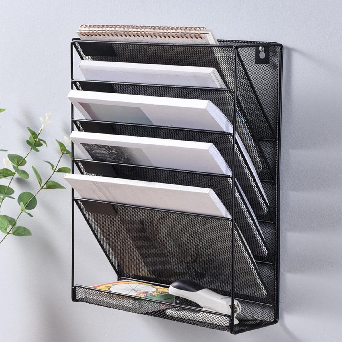 Wandmap Organizer - Opbergrek Documenten - Kantoor Organiseren - 4-laags IJzeren Mesh - 41 x 35 x 13 cm - Zwart