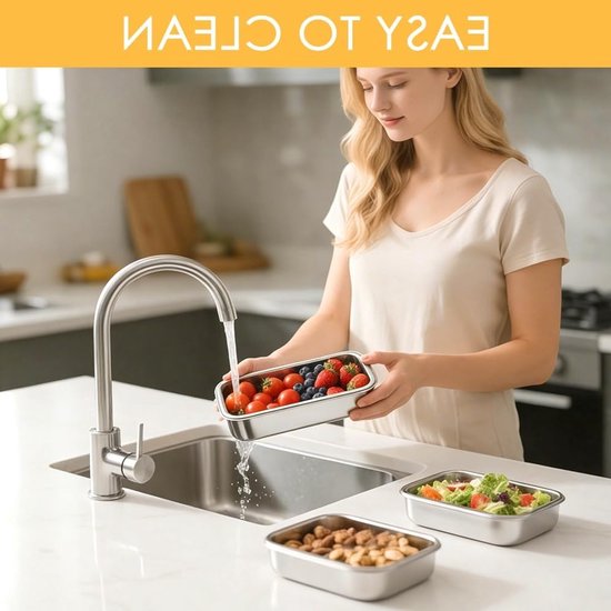 Set van 3 RVS Paneer Schalen met Clips - BPA Vrij, Vaatwasserbestendig voor Vlees, Vis en Groenten - 25 cm x 19 cm — afbeelding 2