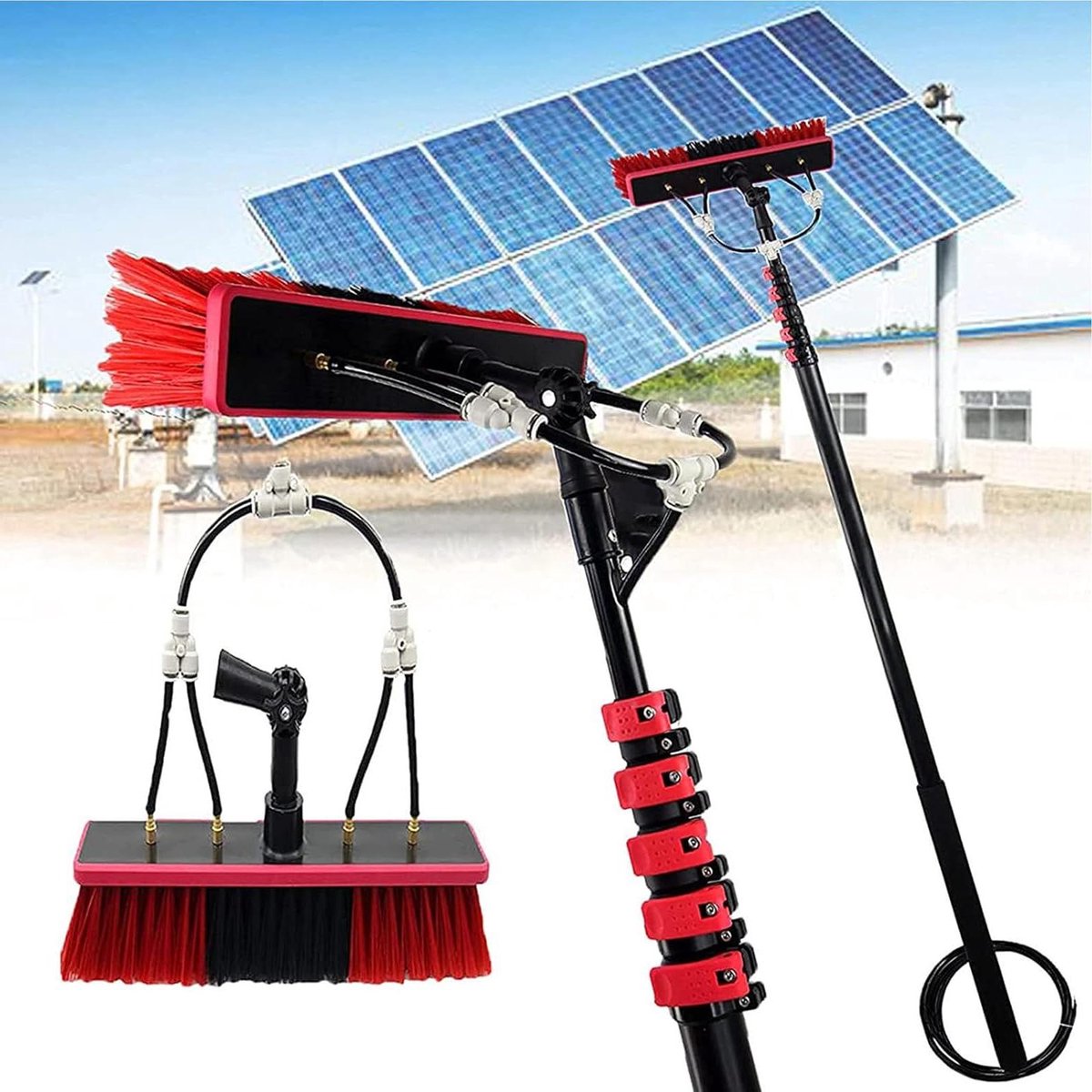 Reinigingsborstel Zonnepanelen - Raamwisser Set - Hoge Oppervlakken - Telescopisch Verstelbaar - Tot 10.8m - Zilver