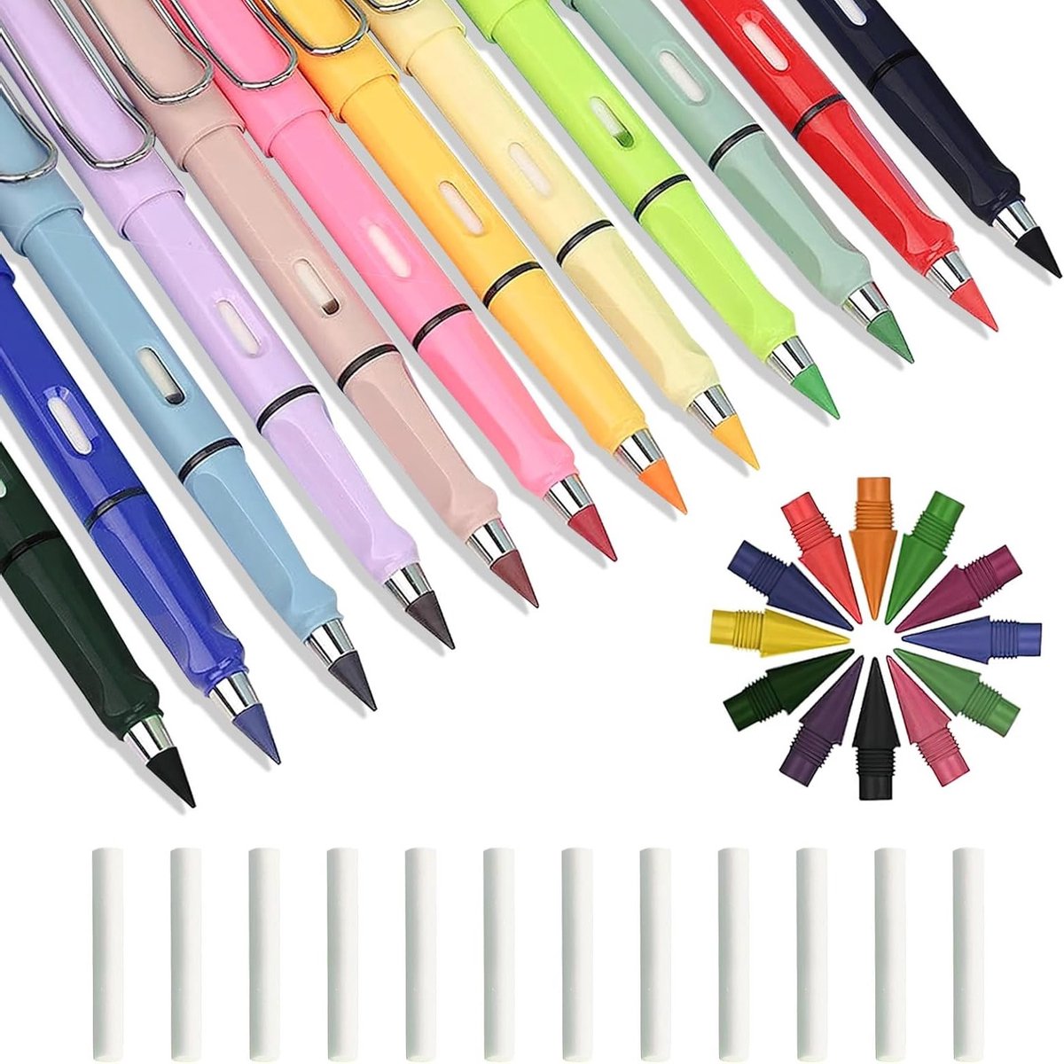12 Stuks Inktloze Potloden Set – Eeuwig Potlood met Gum en Verwisselbare Toppen