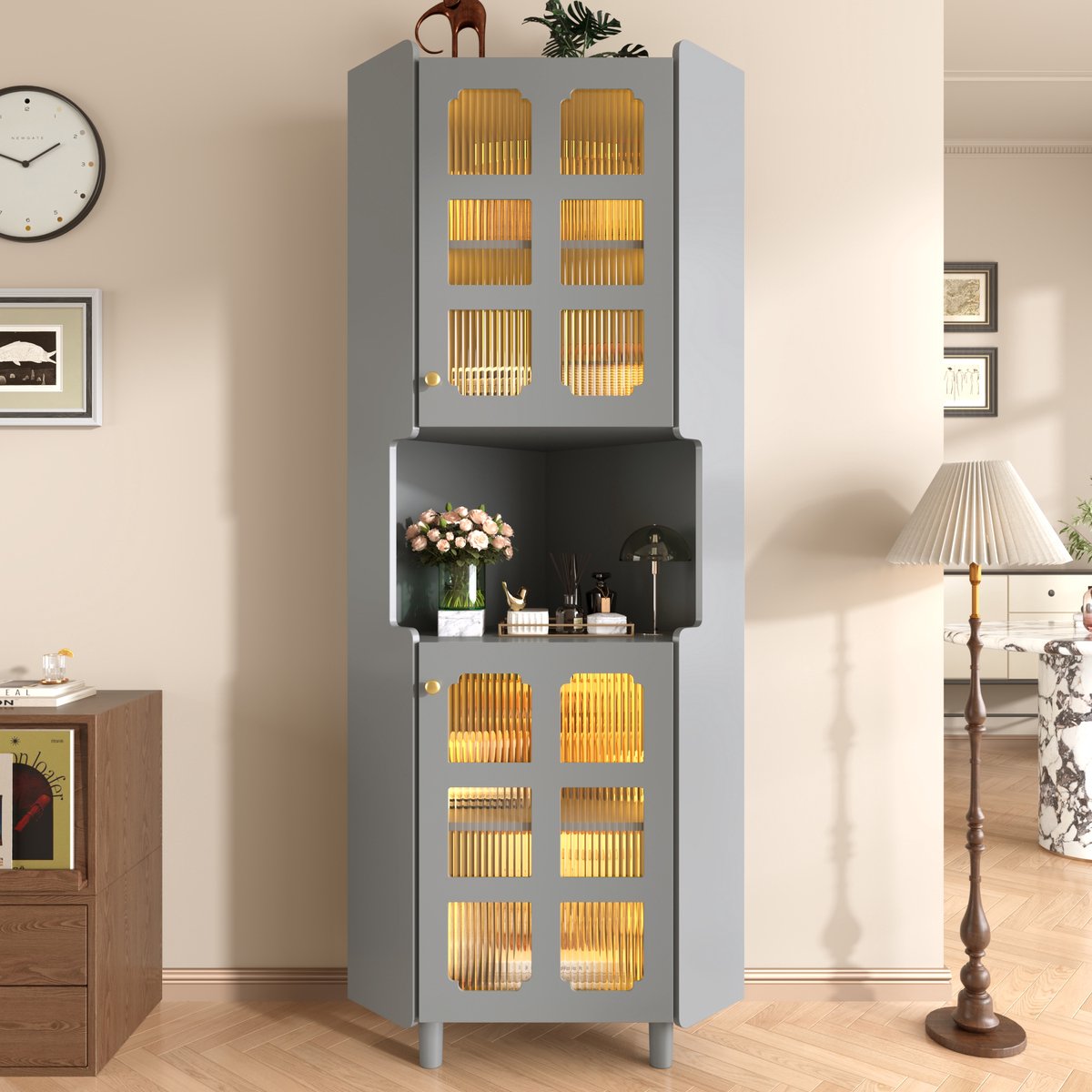 Hoekkast - 63,5x157,5 cm grijs - app-gestuurde LED (10 kleuren) - 3 opbergzones - spatwaterdichte MDF laklaag