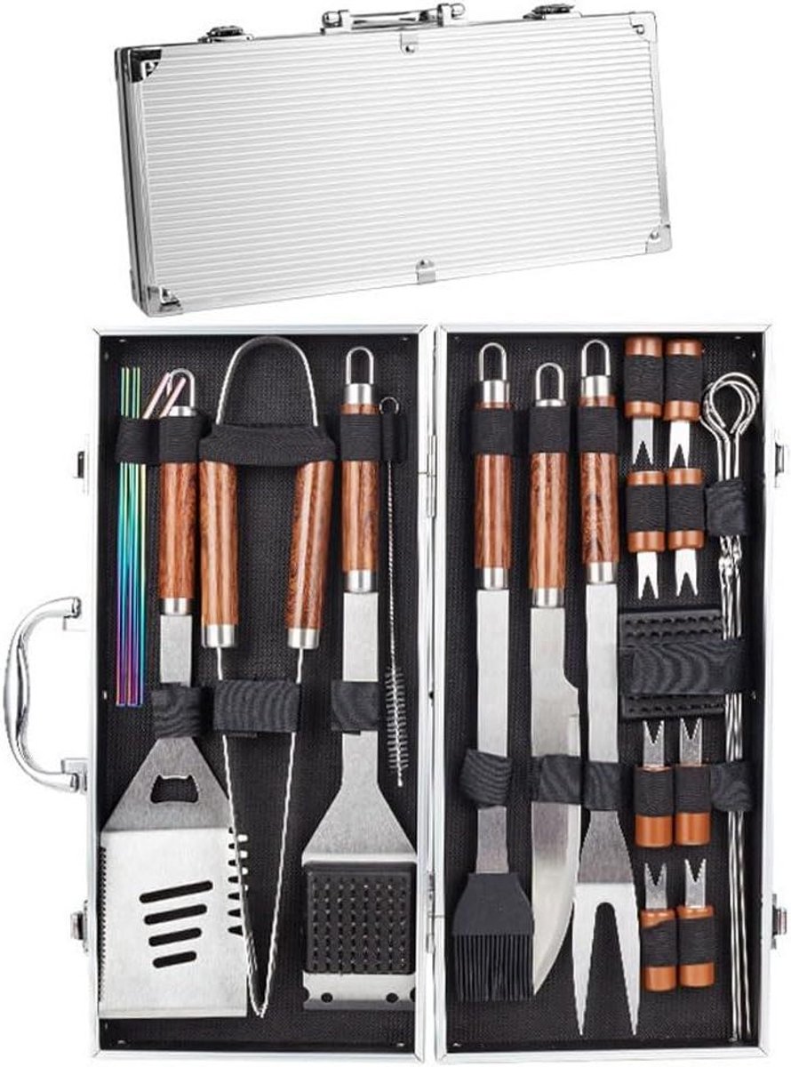 BBQ gereedschapset - Grill set - Buiten koken - 24-delig - Opbergdoos - Zilver