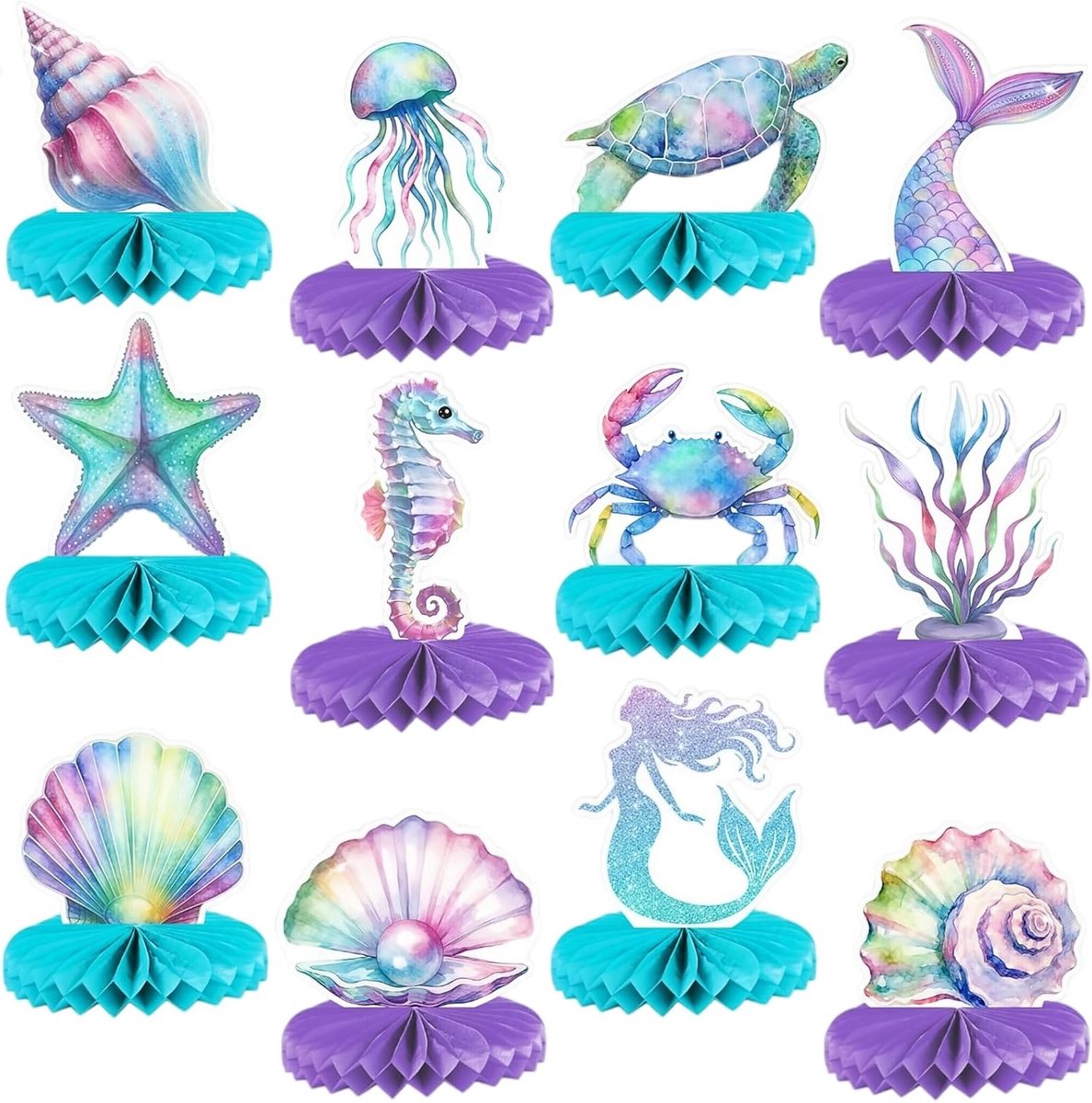 Unieke onderwater verjaardag versiering, 12-delige zeeleven tafeldecoratie in blauw en paars voor meisjes, feestelijke tafeldecoratie voor themafeestjes en kinderfeestjes