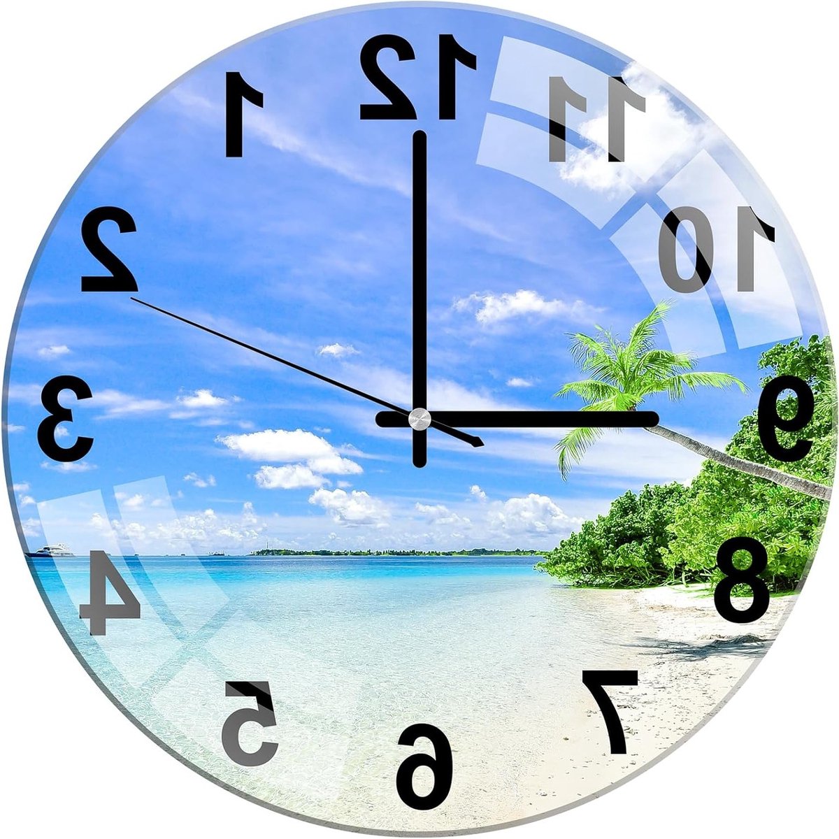 Glass Wall Clock 12 Inch Silent Non Ticking Round Wall Clocks for Living Room, Bedroom, Hallway, Office (Beach) - ShopVlot