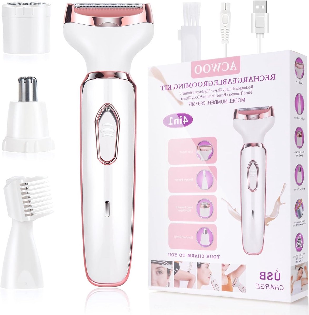 Draadloze 4-in-1 Elektrische Ladyshaver voor Vrouwen, Oplaadbare Pijnloze Scheerapparaat voor Gezicht, Benen, Bikinilijn en Oksels met Nat en Droog Gebruik