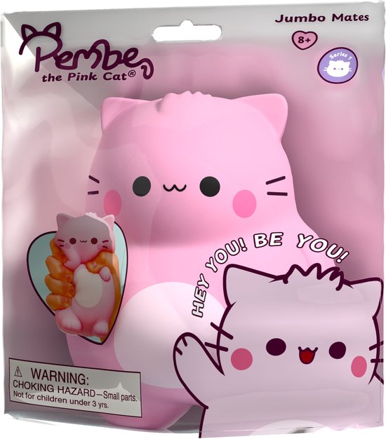 Roze Pembe the Pink Cat in verpakking, voorzien van 'Jumbo Mates' label en 'Hey you! Be you!' opdruk.