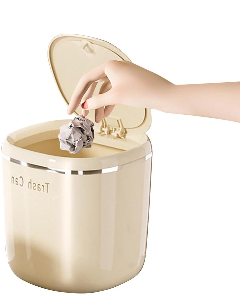 Mini Prullenbak - Afvalbakje Bureau - Bureau Opruimen - Met Deksel - 26 Liter - Beige