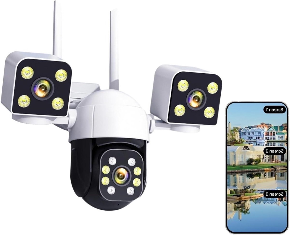 Beveiligingscamera Set - CCTV Camera Systeem - Huis Beveiligen - Drie Lenzen Drie Schermen - 9MP 6K Resolutie - Wit