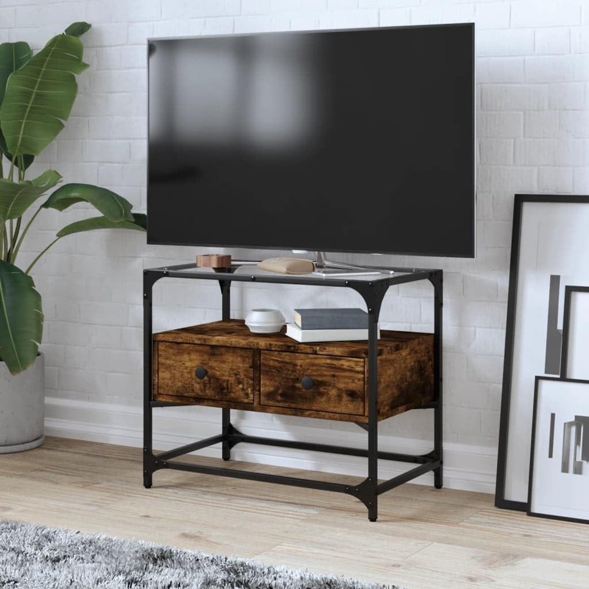 TV-meubel met Glasplaat - Televisiekast Woonkamer - Media Opbergen - Robuust Metalen Frame - 60 x 35 x 51 cm