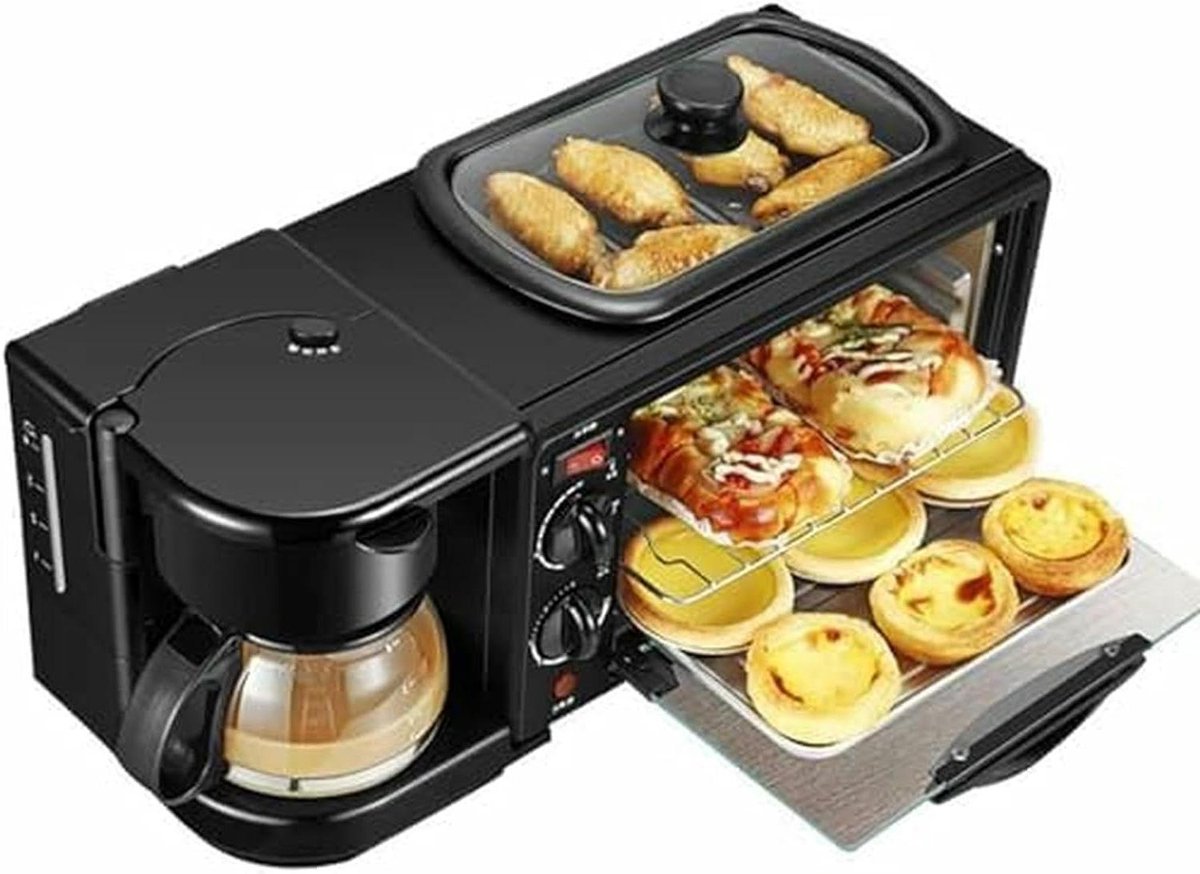 Ontbijtstation 3-in-1 - Keukenapparaat Koffiezetter - Ochtendroutine Stroomlijnen - Compact Alles-in-één - 455 x 180 x 205 mm - Zwart