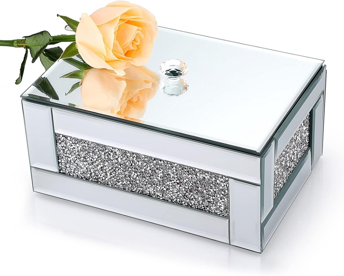 Elegante glazen sieradenbox met spiegel en crushed diamonds, perfect voor ringen, oorbellen en andere juwelen, ideaal voor slaapkamer en dressoir.