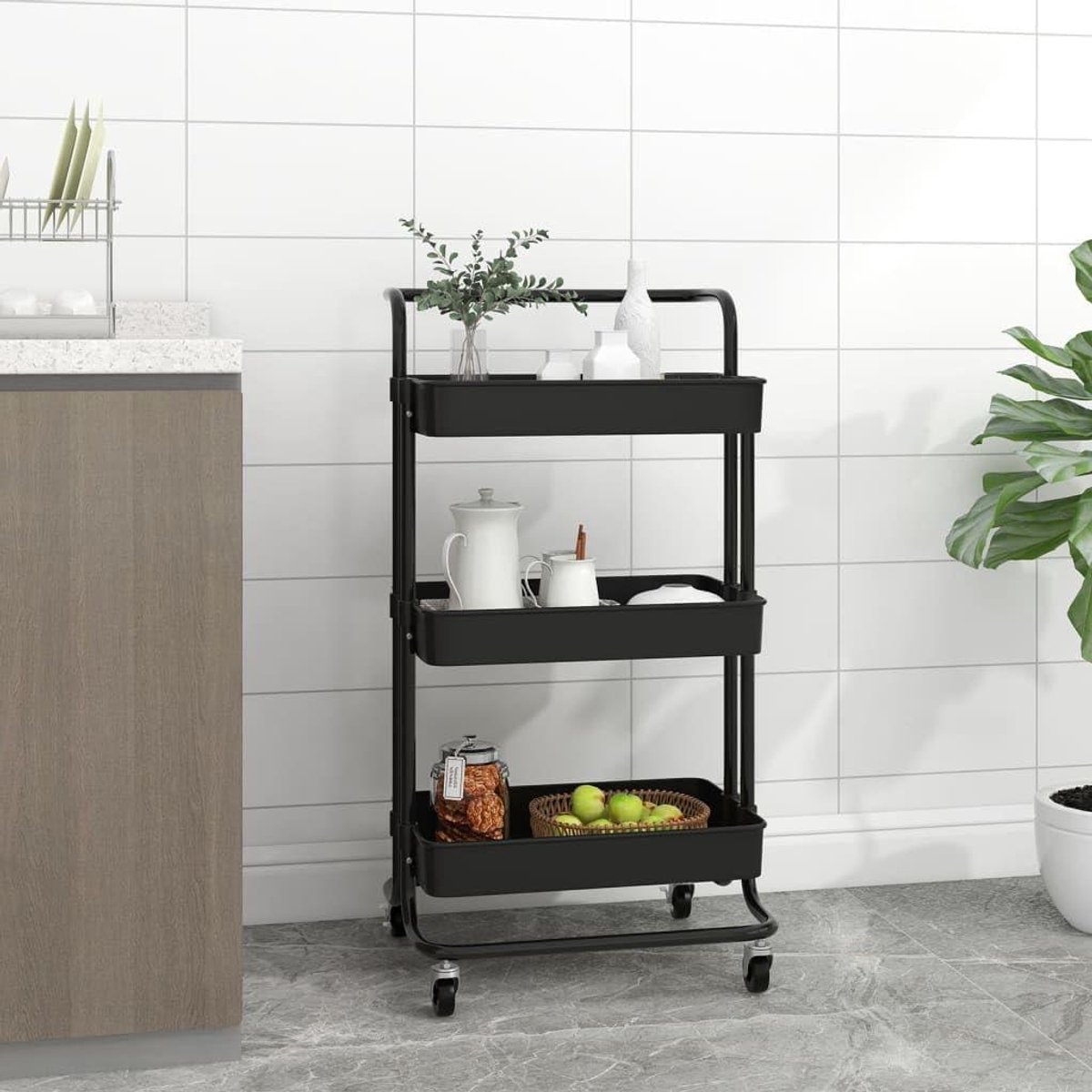 Keukentrolley - Dienbladwagen Opslagwagen - Keuken Organiseren - Drie Laags - 42x35x85 cm - Zwart