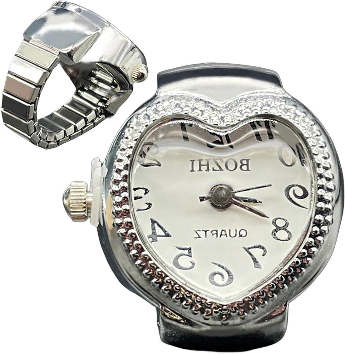 Ringvinger horloges - Creatief hartvormig - Uniek accessoire - Rekbare band - Diameter 2 cm - Zilverkleurig