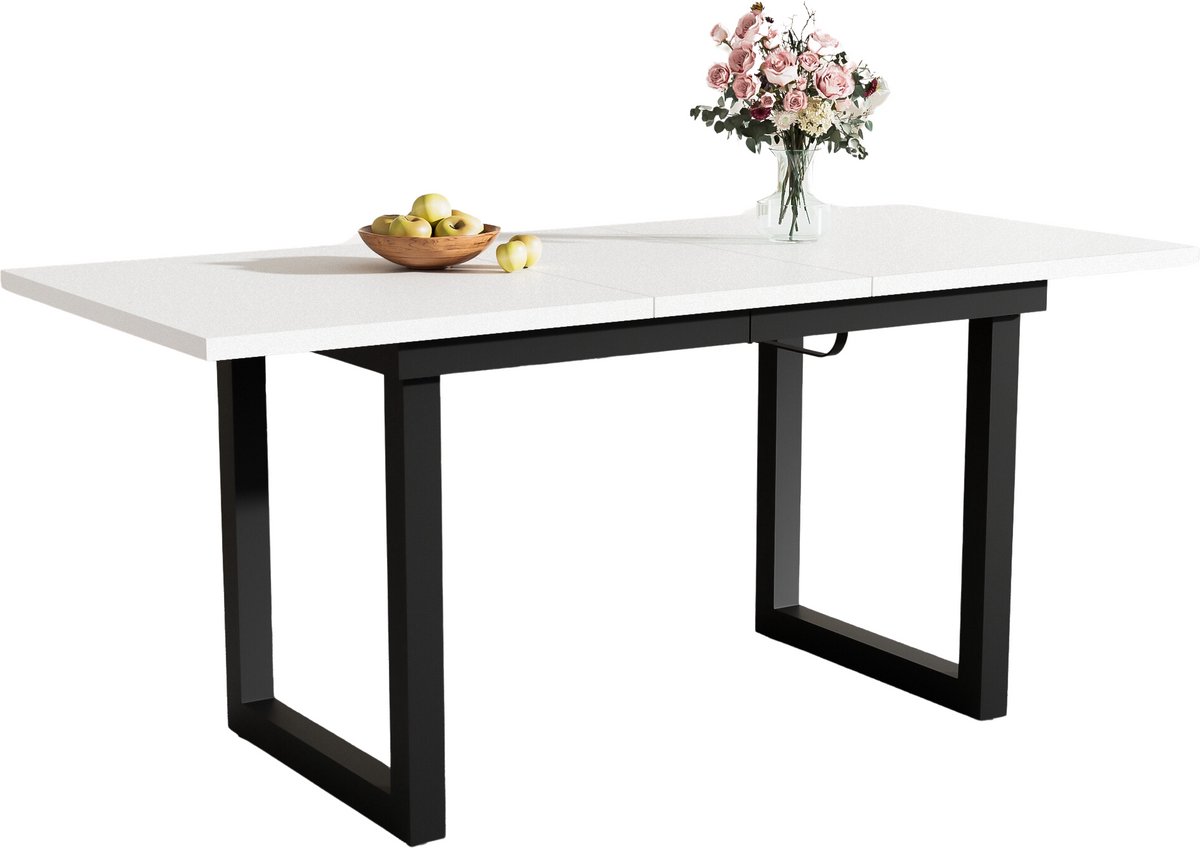 Merax Uitschuifbare Eettafel 140-180 X 80 X 75 Cm – Rechthoekige Keukentafel In Industriële Stijl – Wit/Zwart – Tafelblad Van MDF Met Metalen Onderstel – Voor 4-6 Personen