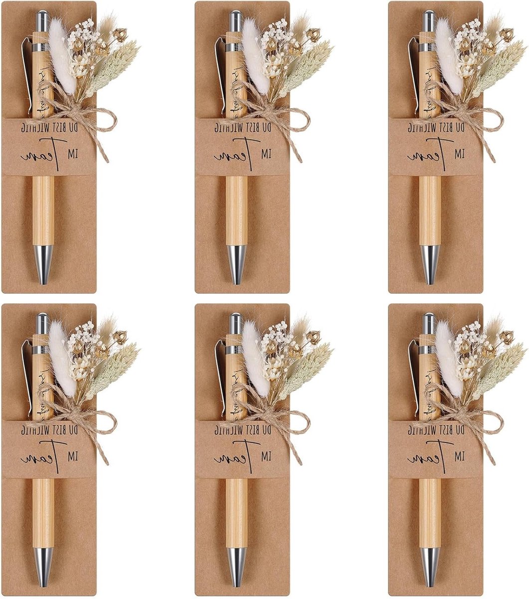 Houten balpen met gravure en gedroogde bloemen, inclusief papierhouder voor afscheidscadeau aan leraar, collega of vriend (6 sets, uniek en persoonlijk)