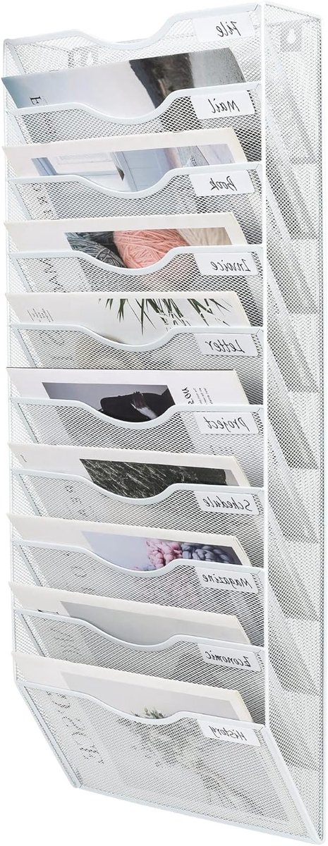 10 Compartimenten Hangende Muur Folder Organizer voor Kantoor en Thuis, Tijdschrift Houder en Documentenopslag in Wit Metaal