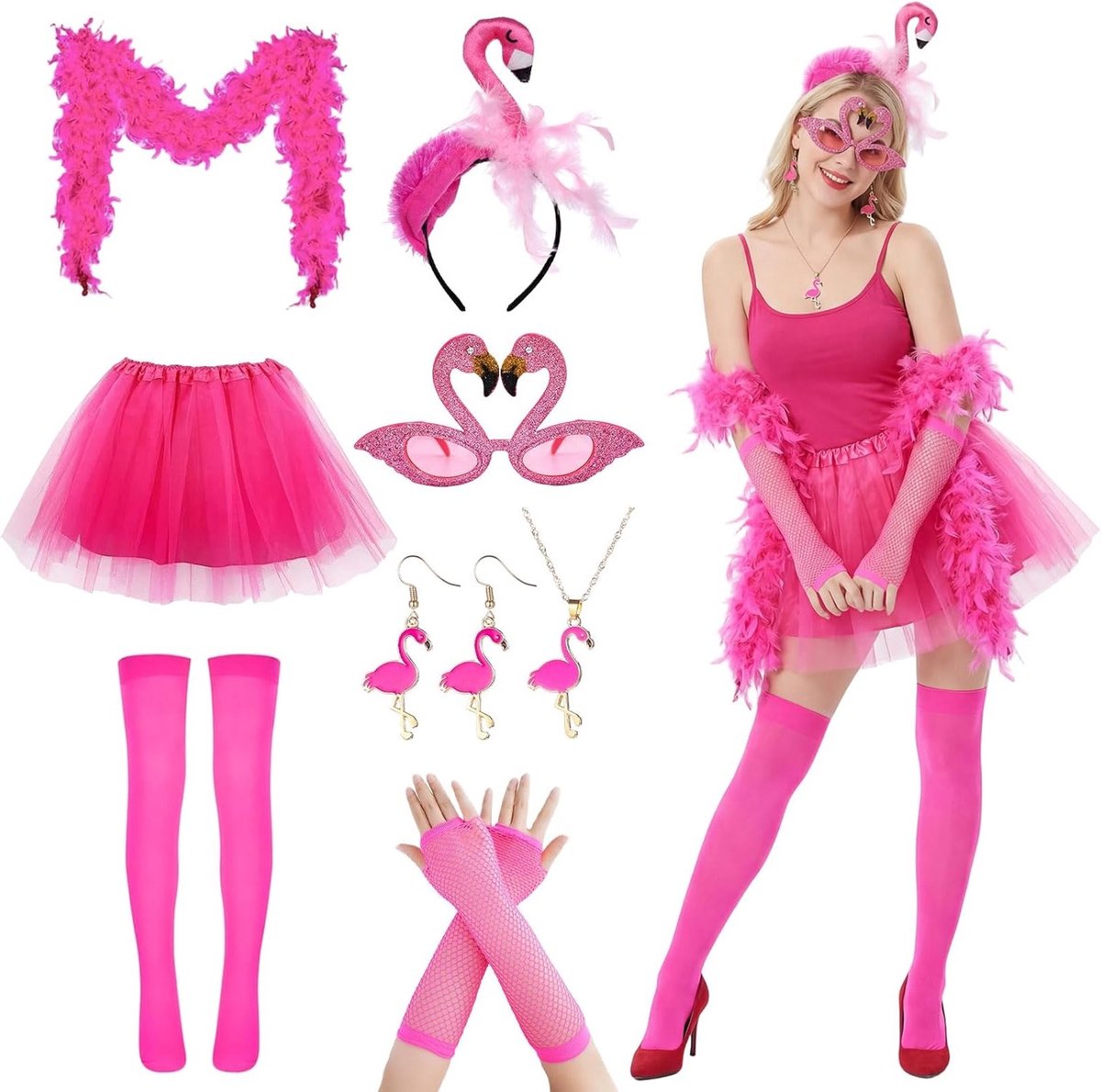 9-delig Vrouwen Flamingo Kostuum Set met Tulle Rok, Haarband, Zonnebril, Ketting, Oorbellen, Veer Boa en Sokken voor Carnaval en Hawaii Feestjes