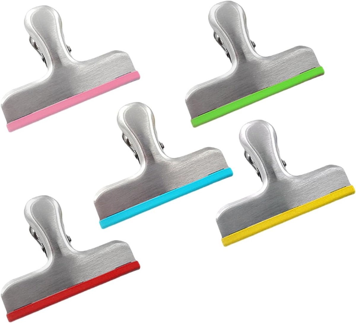 Kleurige RVS Sluitclips voor Voedsel - 5 Stuks - Silicone Randen, Ideaal voor Keuken en Kantoor, 7.5 cm Breed, Perfect voor Diepvrieszakken en Snackverpakkingen