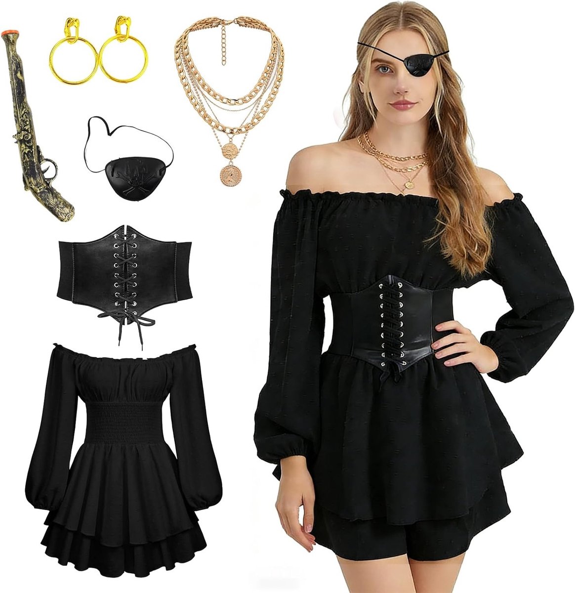 Vrouwelijk Piratenkostuum met Witte Middeleeuwse Blouse en Corsetriem voor Halloween en Carnaval