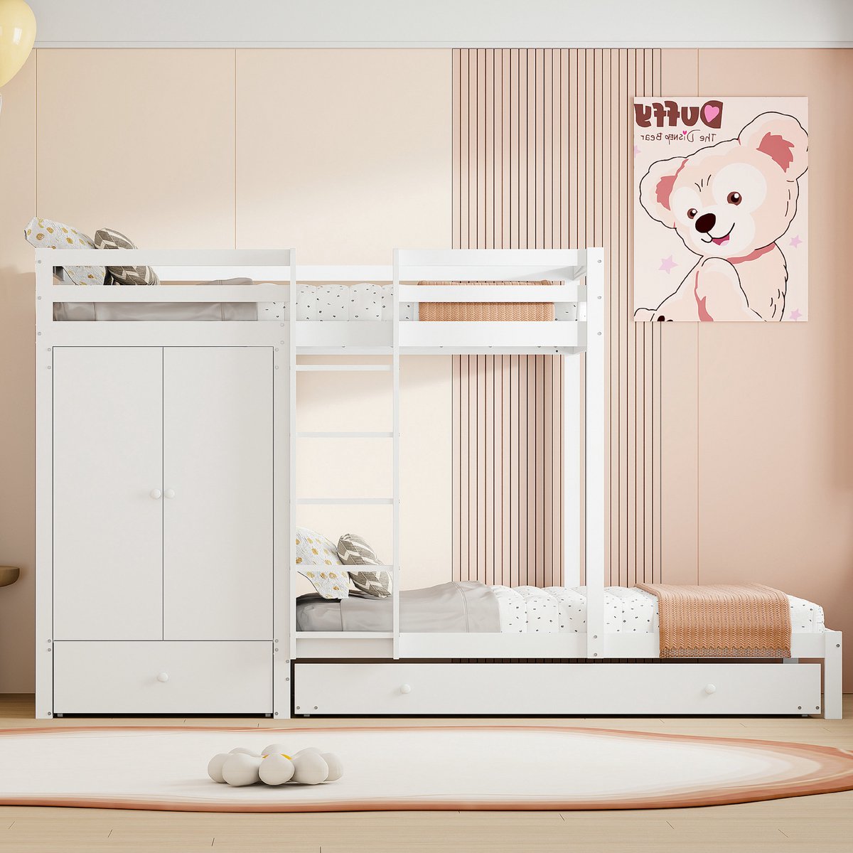 VVBV Massief Houten Stapelbed 90x200 met Onderschuifbed, Multifunctioneel Kinderbed met Kledingkast, Lades & Planken, Wit