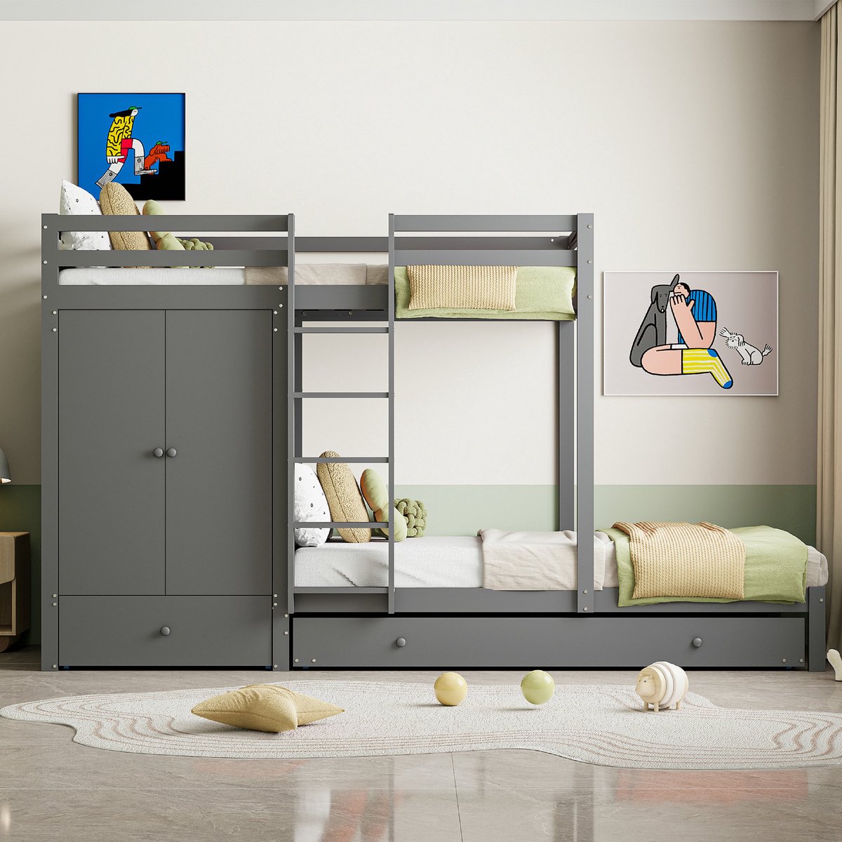 VVBV Massief Houten Stapelbed 90x200 met Onderschuifbed, Kinderbed met Kledingkast, Lades en Planken, Grijs