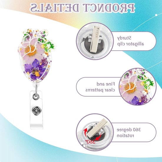 Hartvormige Retractable Badge Reel met Krokodillenclip, Droogbloemen en Schattige Hars ID Kaarthouder voor Artsen en Verpleegkundigen — afbeelding 3