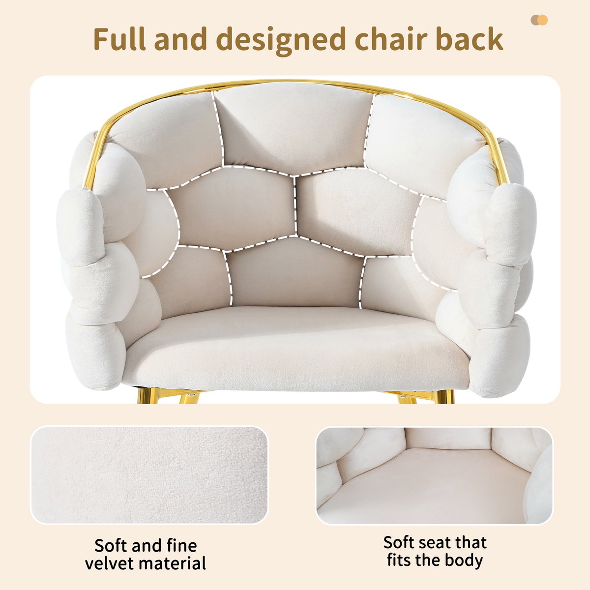 MODENUIT Eetkamerstoel - 44 x 41 x 74 cm - Ergonomische Rugleuning Met Verstelbare Pootjes - Fluweel Beige