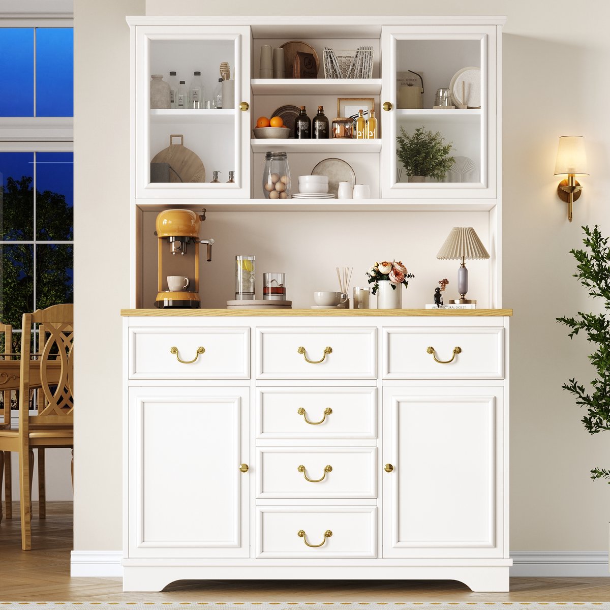 BLACKCOLORS Hoge keukenkast met USB-aansluitingen en stopcontacten, dressoir met LED-lichtstrip, keukenkast, opbergkast met deuren met snackplanken, dressoir, afvalbakken kunnen worden geïnstalleerd, wit
