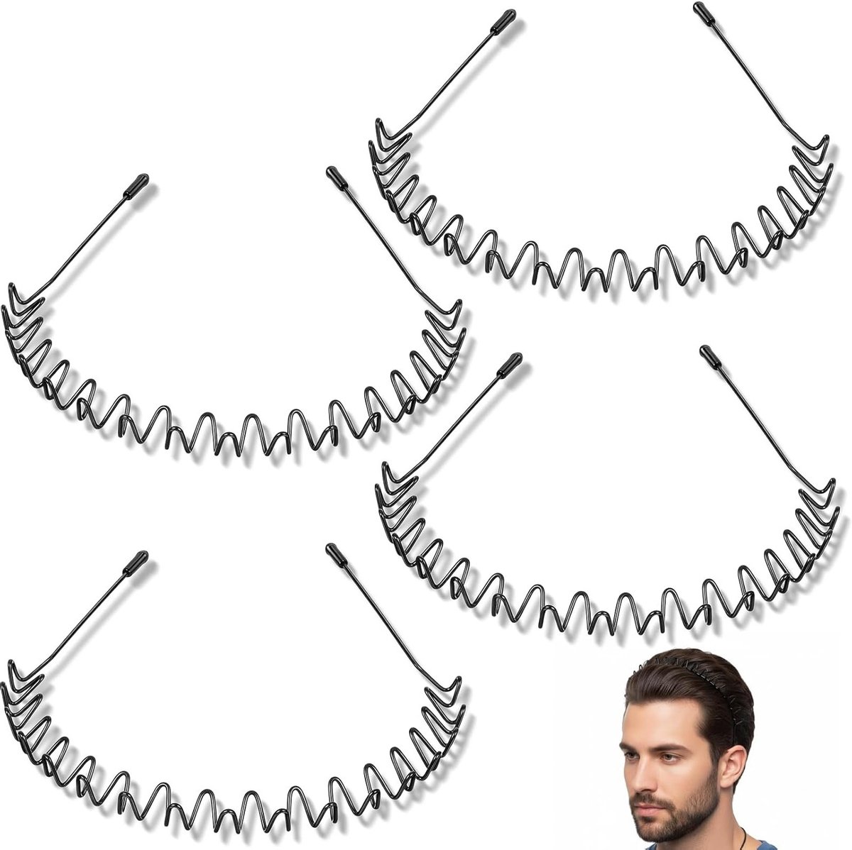 Set van 4 Wavy Zwarte Haarbanden - Elastische, Antislip Hoofdbanden voor Sport en Make-up