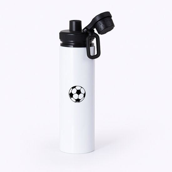 Gourde blanche avec bouchon noir et autocollant de ballon de football, sur fond blanc.