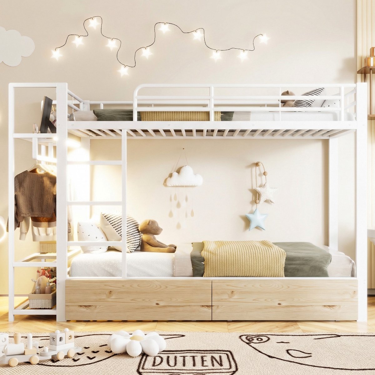 VVBV Metalen Stapelbed 90x200 cm met LED-Verlichting, Planken - Voor Hal/Entree, 2 Lades - Metaal Wit - Zonder Matras White
