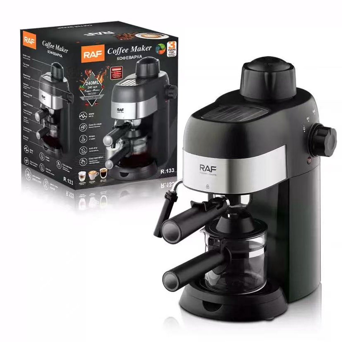 RAF Espressomachine met 800 Watt en 240ml Watertank - Koffiemaker voor Espresso, Cappuccino en Latte Macchiato — afbeelding 1