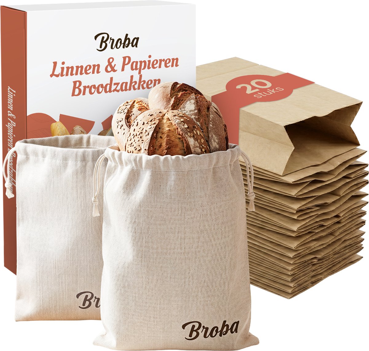 Broodzak Set voor Broodbakken met 2x Herbruikbare Linnen Broodzakken en 10x Broodzakken Papier voor Zelfgebakken Brood