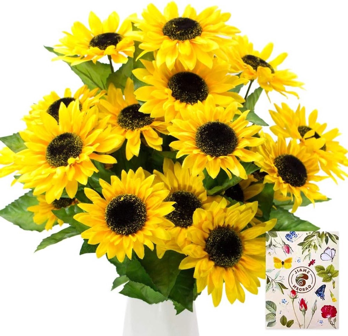 2 Bunches 14 Heads Diameter 10.5cm Kunstmatige Zonnebloemen, Realistische Silk Bloemen, Nep Helianthus Boeket met Wenskaart voor Thuis en Kantoor Decoratie Geschenk