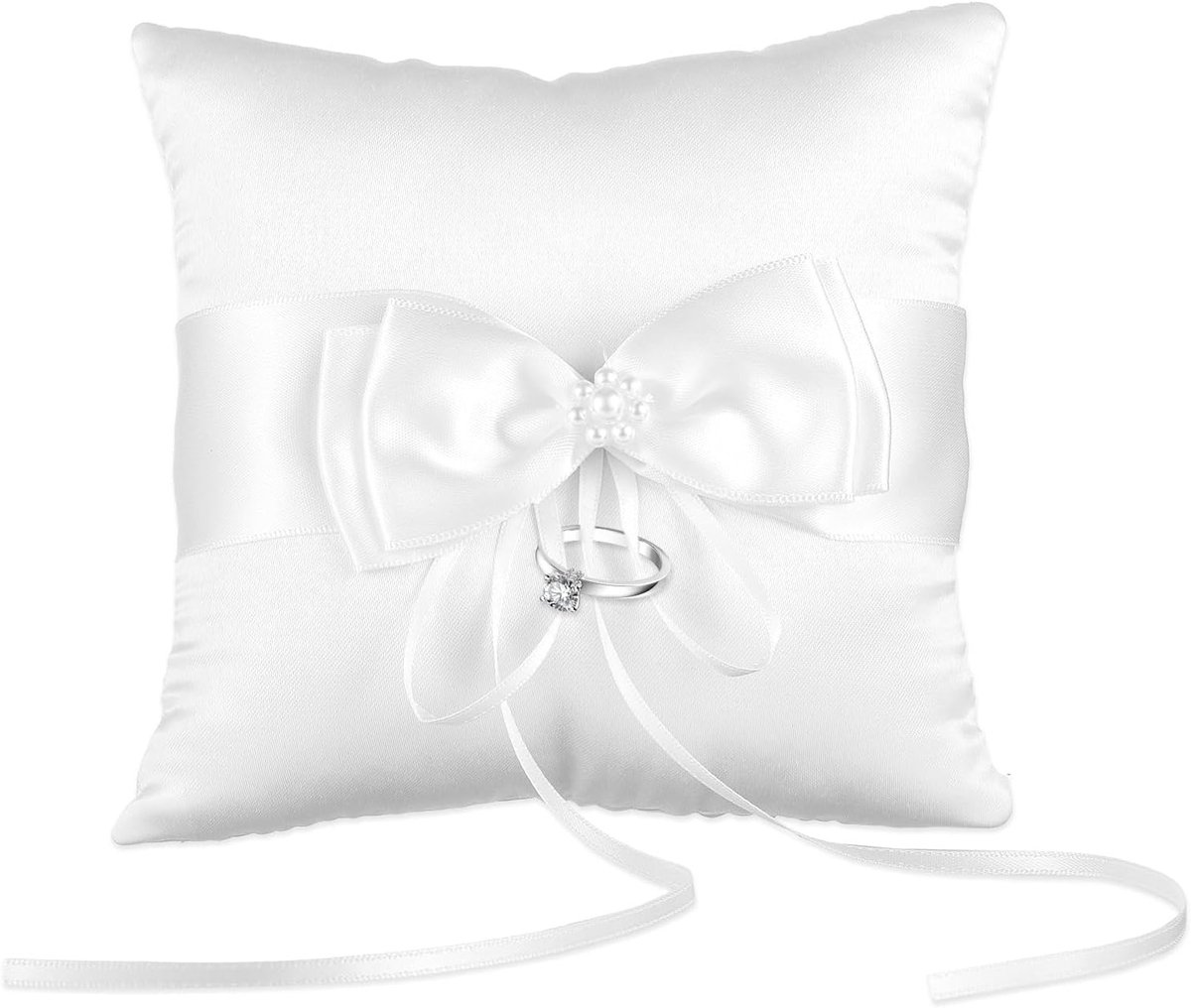 Elegante trouwring kussen met mooie strik en parel, perfect als cadeau voor je beste vriend of vriendin