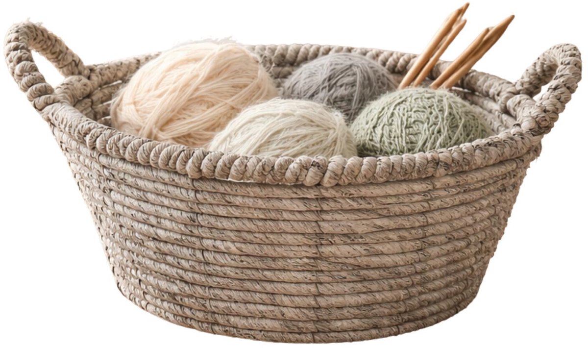 Mega Collections Opbergmand Sneek - grijs - riet - D29 x H13 cm