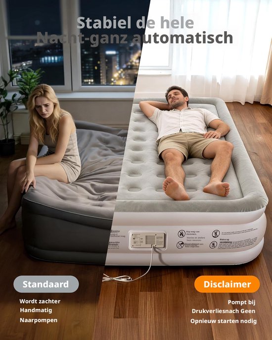 Premium luchtbed met ingebouwde pomp - automatisch bijvullen, in 2,5 minuten opgeblazen, zachte vulling, stille werking, voor 2 personen, thuis en op de camping van Merkloos — afbeelding 3