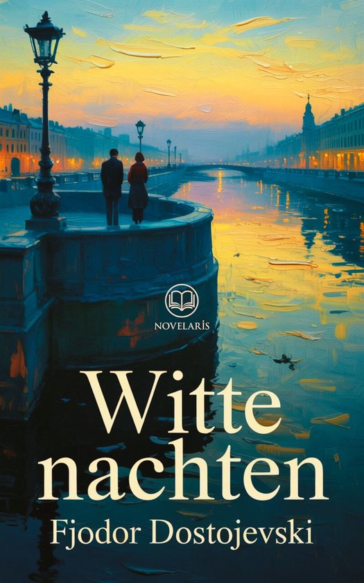 Een man en vrouw staan bij een gracht met olieverfachtige schildering van Sint-Petersburg bij zonsondergang. "Witte nachten" door Fjodor Dostojevski.