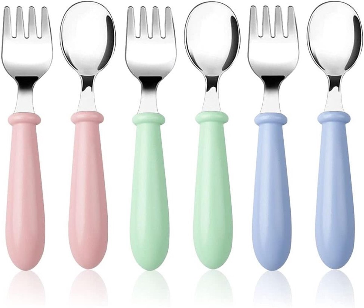 Set van 6 metalen vorken en lepels met ronde handvatten voor baby's - Verhoogt eetlust en enthousiasme, vaatwasmachinebestendig
